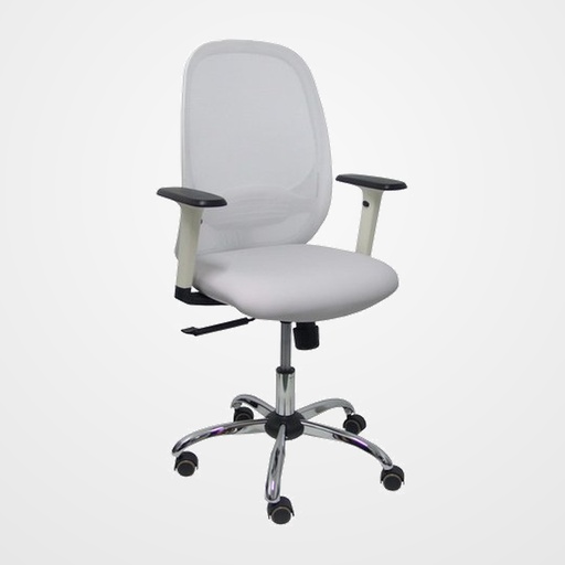 SILLA PIQUERAS Y CRESPO CILANCO BLANCA USO INTENSIVO BRAZOS REGULABLES MECANISMO SINCRO CON REGULADOR DE TENSION REFUERZO LUMBAR REGULABLE BASE CROMADA RUEDAS PARQUET RESPALDO DE MALLA BLANCA Y ASIENTO TAPIZADO SIMILPIEL GRIS CLARO