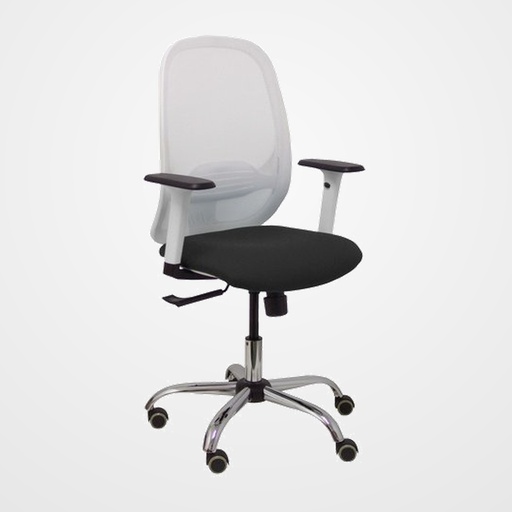 SILLA PIQUERAS Y CRESPO CILANCO BLANCA USO INTENSIVO BRAZOS REGULABLES MECANISMO SINCRO CON REGULADOR DE TENSION REFUERZO LUMBAR REGULABLE BASE CROMADA RUEDAS PARQUET RESPALDO DE MALLA BLANCA Y ASIENTO TAPIZADO SIMILPIEL NEGRO