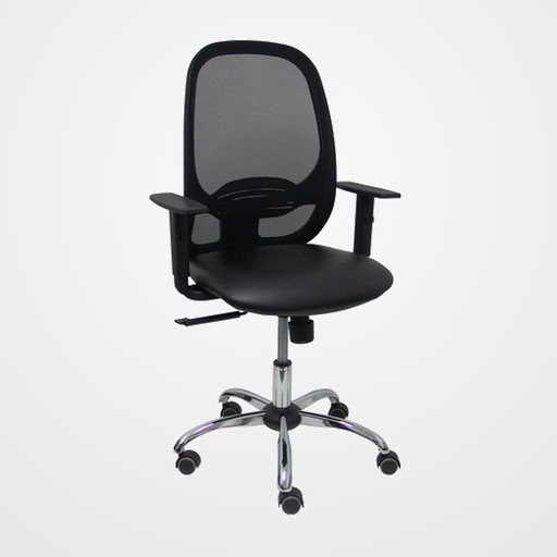SILLA PIQUERAS Y CRESPO CILANCO NEGRA USO INTENSIVO BRAZOS REGULABLES MECANISMO SINCRO CON REGULADOR DE TENSION REFUERZO LUMBAR REGULABLE RUEDAS PARQUET BASE CROMADA RESPALDO DE MALLA NEGRA Y ASIENTO TAPIZADO SIMILPIEL NEGRO