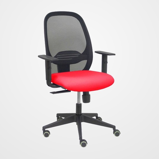 SILLA PIQUERAS Y CRESPO CILANCO NEGRA USO INTENSIVO BRAZOS REGULABLES MECANISMO SINCRO CON REGULADOR DE TENSION REFUERZO LUMBAR REGULABLE RUEDAS PARQUET RESPALDO DE MALLA NEGRA Y ASIENTO TAPIZADO BALI ROJO