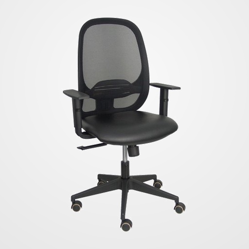 SILLA PIQUERAS Y CRESPO CILANCO NEGRA USO INTENSIVO BRAZOS REGULABLES MECANISMO SINCRO CON REGULADOR DE TENSION REFUERZO LUMBAR REGULABLE RUEDAS PARQUET RESPALDO DE MALLA NEGRA Y ASIENTO TAPIZADO SIMILPIEL NEGRO