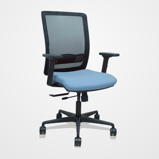 SILLA PIQUERAS Y CRESPO HACHES BRAZOS 2D REGULABLES MECANISMO SINCRO con TRASLACK APOYO LUMBAR RESPALDO MALLA NEGRA Y ASIENTO TAPIZADO BALI AZUL CIELO