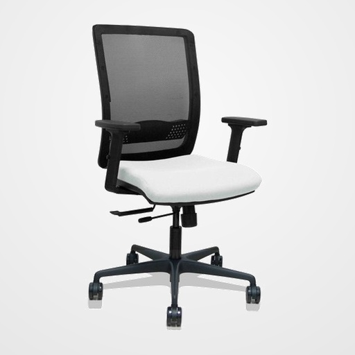 SILLA PIQUERAS Y CRESPO HACHES BRAZOS 2D REGULABLES MECANISMO SINCRO con TRASLACK APOYO LUMBAR RESPALDO MALLA NEGRA Y ASIENTO TAPIZADO BALI BLANCO