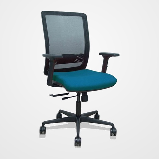 SILLA PIQUERAS Y CRESPO HACHES BRAZOS 2D REGULABLES MECANISMO SINCRO con TRASLACK APOYO LUMBAR RESPALDO MALLA NEGRA Y ASIENTO TAPIZADO BALI VERDE PETROLEO