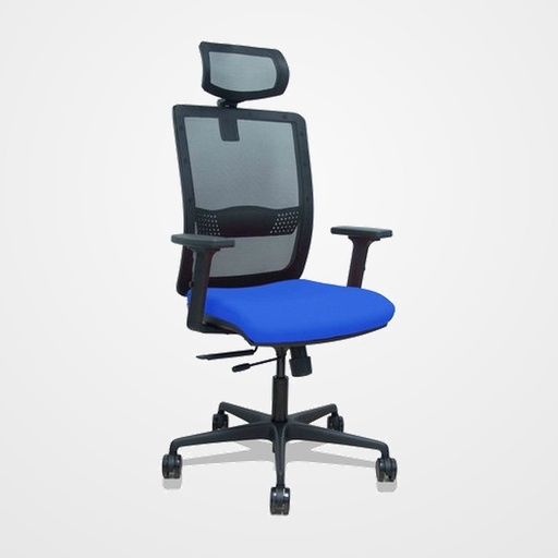 SILLA PIQUERAS Y CRESPO HACHES BRAZOS 2D Y CABECERO REGULABLES MECANISMO SINCRO con TRASLACK APOYO LUMBAR RESPALDO MALLA NEGRA Y ASIENTO TAPIZADO BALI AZUL