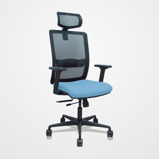 SILLA PIQUERAS Y CRESPO HACHES BRAZOS 2D Y CABECERO REGULABLES MECANISMO SINCRO con TRASLACK APOYO LUMBAR RESPALDO MALLA NEGRA Y ASIENTO TAPIZADO BALI AZUL CIELO