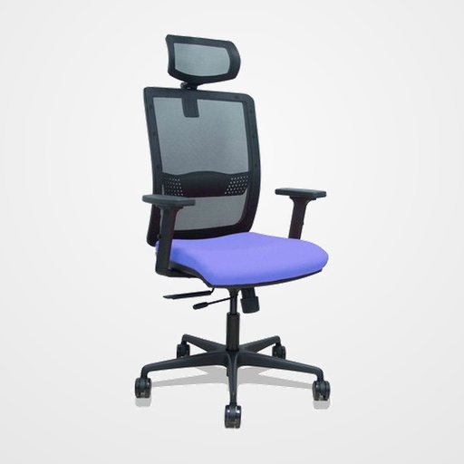 SILLA PIQUERAS Y CRESPO HACHES BRAZOS 2D Y CABECERO REGULABLES MECANISMO SINCRO con TRASLACK APOYO LUMBAR RESPALDO MALLA NEGRA Y ASIENTO TAPIZADO BALI AZUL CLARO