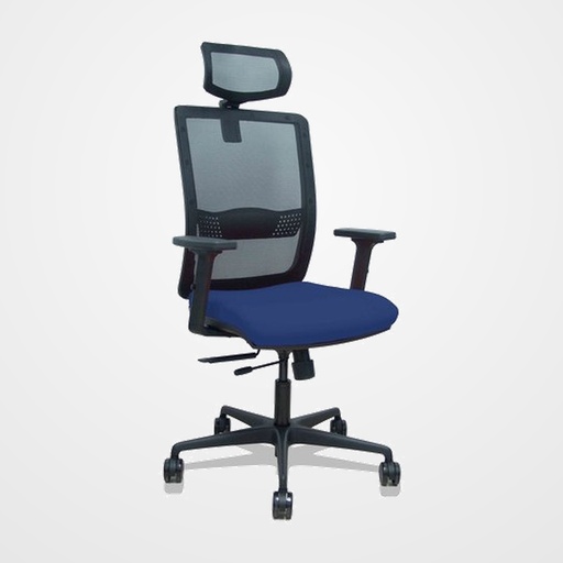 SILLA PIQUERAS Y CRESPO HACHES BRAZOS 2D Y CABECERO REGULABLES MECANISMO SINCRO con TRASLACK APOYO LUMBAR RESPALDO MALLA NEGRA Y ASIENTO TAPIZADO BALI AZUL MARINO