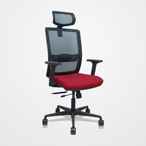 SILLA PIQUERAS Y CRESPO HACHES BRAZOS 2D Y CABECERO REGULABLES MECANISMO SINCRO con TRASLACK APOYO LUMBAR RESPALDO MALLA NEGRA Y ASIENTO TAPIZADO BALI GRANATE