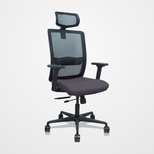 SILLA PIQUERAS Y CRESPO HACHES BRAZOS 2D Y CABECERO REGULABLES MECANISMO SINCRO con TRASLACK APOYO LUMBAR RESPALDO MALLA NEGRA Y ASIENTO TAPIZADO BALI GRIS OSCURO