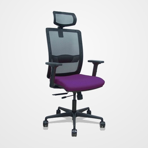 SILLA PIQUERAS Y CRESPO HACHES BRAZOS 2D Y CABECERO REGULABLES MECANISMO SINCRO con TRASLACK APOYO LUMBAR RESPALDO MALLA NEGRA Y ASIENTO TAPIZADO BALI MORADO