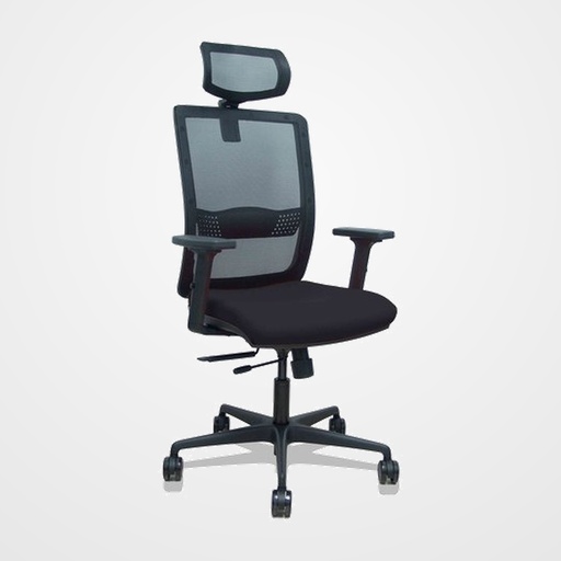 SILLA PIQUERAS Y CRESPO HACHES BRAZOS 2D Y CABECERO REGULABLES MECANISMO SINCRO con TRASLACK APOYO LUMBAR RESPALDO MALLA NEGRA Y ASIENTO TAPIZADO BALI NEGRO
