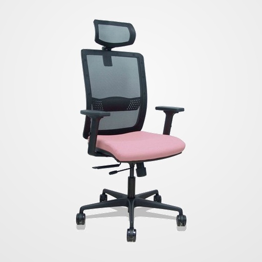SILLA PIQUERAS Y CRESPO HACHES BRAZOS 2D Y CABECERO REGULABLES MECANISMO SINCRO con TRASLACK APOYO LUMBAR RESPALDO MALLA NEGRA Y ASIENTO TAPIZADO BALI ROSA