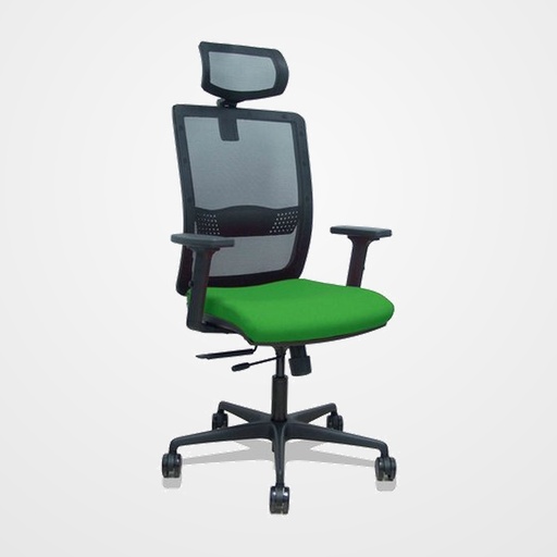 SILLA PIQUERAS Y CRESPO HACHES BRAZOS 2D Y CABECERO REGULABLES MECANISMO SINCRO con TRASLACK APOYO LUMBAR RESPALDO MALLA NEGRA Y ASIENTO TAPIZADO BALI VERDE