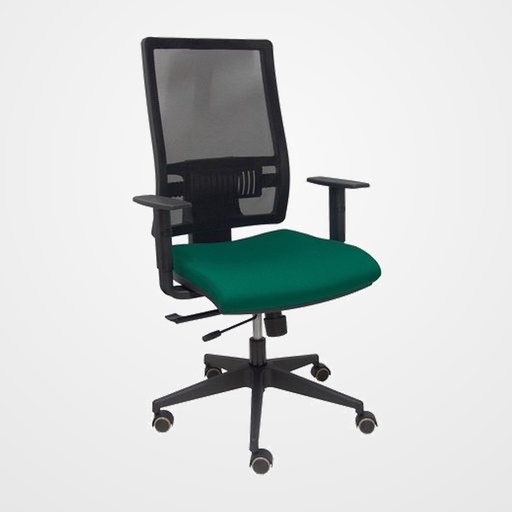 SILLA PIQUERAS Y CRESPO HORNA BRAZOS REGULABLES MECANISMO TRASLACK ALTURA Y APOYO LUMBAR REGULABLE RUEDA PARQUET RESPALDO MALLA NEGRA TRANSPIRABLE Y ASIENTO TAPIZADO BALI VERDE BOTELLA