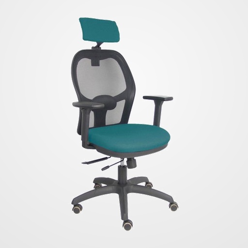 SILLA PIQUERAS Y CRESPO JORQUERA BRAZOS 3D Y CABECERO REGULABLES MECANISMO SINCRO CON TRASLACK RUEDAS PARQUET RESPALDO DE MALLA NEGRA Y ASIENTO TAPIZADO BALI VERDE PETROLEO