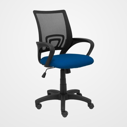 SILLA PIQUERAS Y CRESPO VIANOS BRAZOS FIJOS MECANISMO BASCULANTE CON REGULADOR DE PRESION ELEVACION DEL ASIENTO EN ALTURA RUEDAS NYLON RESPALDO MALLA TRANSPIRABLE NEGRA Y TAPIZADO BALI AZUL MARINO