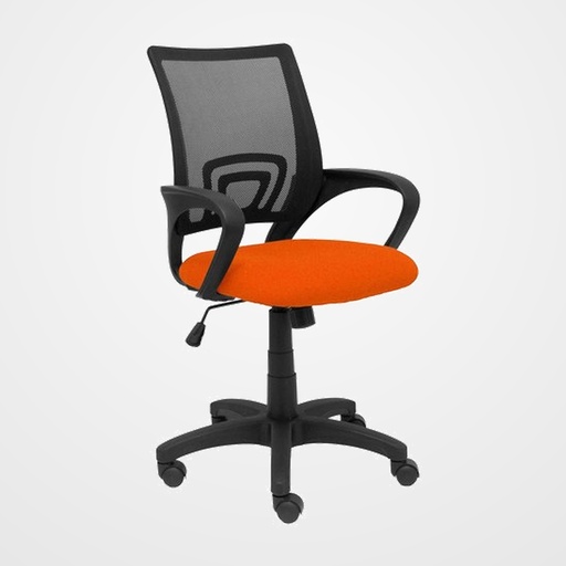 SILLA PIQUERAS Y CRESPO VIANOS BRAZOS FIJOS MECANISMO BASCULANTE CON REGULADOR DE PRESION ELEVACION DEL ASIENTO EN ALTURA RUEDAS NYLON RESPALDO MALLA TRANSPIRABLE NEGRA Y TAPIZADO BALI NARANJA OSCURO