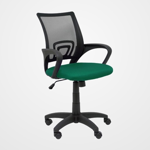 SILLA PIQUERAS Y CRESPO VIANOS BRAZOS FIJOS MECANISMO BASCULANTE CON REGULADOR DE PRESION ELEVACION DEL ASIENTO EN ALTURA RUEDAS NYLON RESPALDO MALLA TRANSPIRABLE NEGRA Y TAPIZADO BALI VERDE BOTELLA