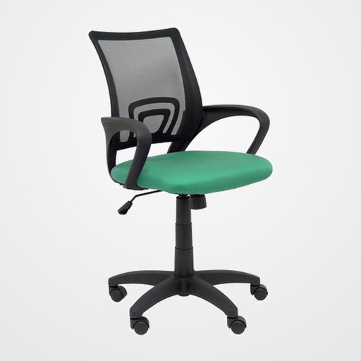 SILLA PIQUERAS Y CRESPO VIANOS BRAZOS FIJOS MECANISMO BASCULANTE CON REGULADOR DE PRESION ELEVACION DEL ASIENTO EN ALTURA RUEDAS NYLON RESPALDO MALLA TRANSPIRABLE NEGRA Y TAPIZADO BALI VERDE ESMERALDA