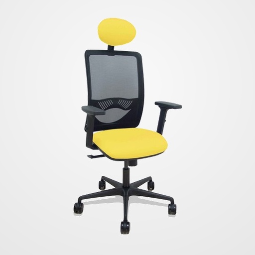SILLA PIQUERAS Y CRESPO ZULEMA BRAZOS 2D Y APOYO LUMBAR REGULABLES CABECERO FIJO MECANISMO SINCRO RUEDAS NYLON de 65 RESPALDO DE MALLA NEGRA Y ASIENTO TAPIZADO BALI AMARILLO