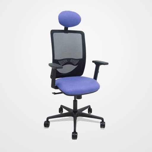 SILLA PIQUERAS Y CRESPO ZULEMA BRAZOS 2D Y APOYO LUMBAR REGULABLES CABECERO FIJO MECANISMO SINCRO RUEDAS NYLON de 65 RESPALDO DE MALLA NEGRA Y ASIENTO TAPIZADO BALI AZUL CLARO