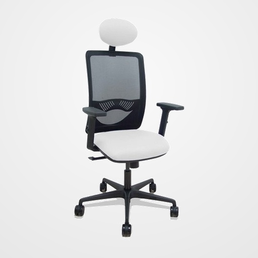 SILLA PIQUERAS Y CRESPO ZULEMA BRAZOS 2D Y APOYO LUMBAR REGULABLES CABECERO FIJO MECANISMO SINCRO RUEDAS NYLON de 65 RESPALDO DE MALLA NEGRA Y ASIENTO TAPIZADO BALI BLANCO