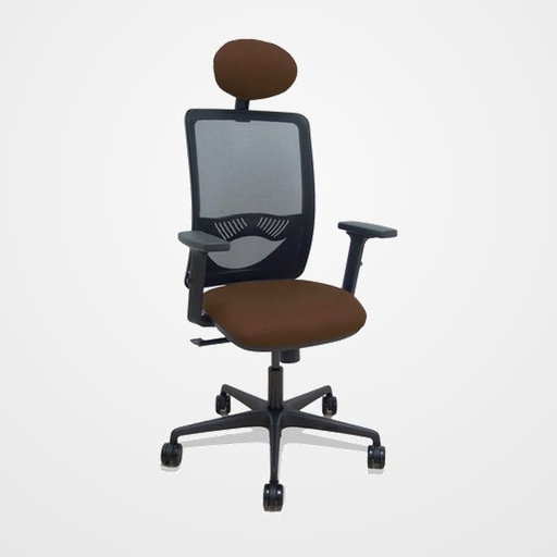 SILLA PIQUERAS Y CRESPO ZULEMA BRAZOS 2D Y APOYO LUMBAR REGULABLES CABECERO FIJO MECANISMO SINCRO RUEDAS NYLON de 65 RESPALDO DE MALLA NEGRA Y ASIENTO TAPIZADO BALI MARRON OSCURO