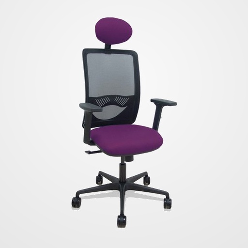 SILLA PIQUERAS Y CRESPO ZULEMA BRAZOS 2D Y APOYO LUMBAR REGULABLES CABECERO FIJO MECANISMO SINCRO RUEDAS NYLON de 65 RESPALDO DE MALLA NEGRA Y ASIENTO TAPIZADO BALI MORADO
