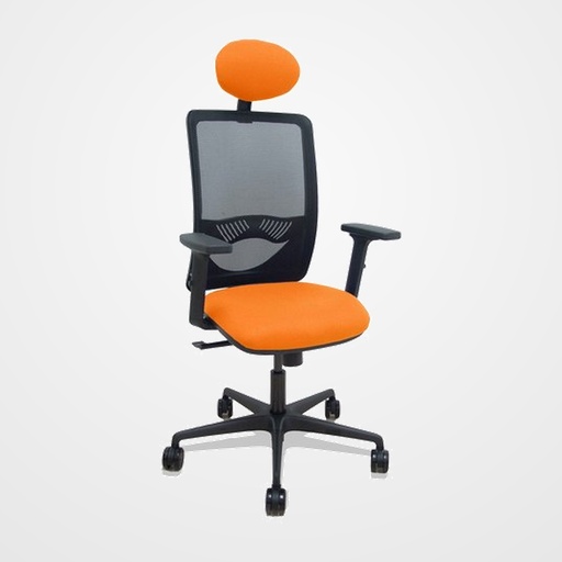 SILLA PIQUERAS Y CRESPO ZULEMA BRAZOS 2D Y APOYO LUMBAR REGULABLES CABECERO FIJO MECANISMO SINCRO RUEDAS NYLON de 65 RESPALDO DE MALLA NEGRA Y ASIENTO TAPIZADO BALI NARANJA