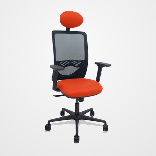 SILLA PIQUERAS Y CRESPO ZULEMA BRAZOS 2D Y APOYO LUMBAR REGULABLES CABECERO FIJO MECANISMO SINCRO RUEDAS NYLON de 65 RESPALDO DE MALLA NEGRA Y ASIENTO TAPIZADO BALI NARANJA OSCURO