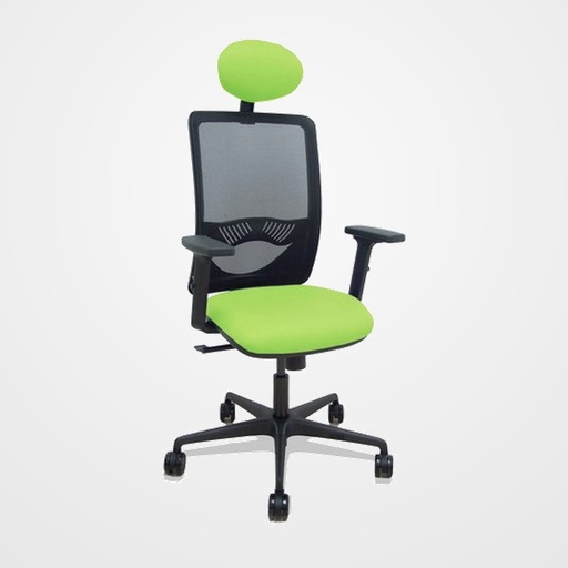 SILLA PIQUERAS Y CRESPO ZULEMA BRAZOS 2D Y APOYO LUMBAR REGULABLES CABECERO FIJO MECANISMO SINCRO RUEDAS NYLON de 65 RESPALDO DE MALLA NEGRA Y ASIENTO TAPIZADO BALI PISTACHO