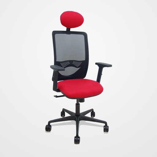 SILLA PIQUERAS Y CRESPO ZULEMA BRAZOS 2D Y APOYO LUMBAR REGULABLES CABECERO FIJO MECANISMO SINCRO RUEDAS NYLON de 65 RESPALDO DE MALLA NEGRA Y ASIENTO TAPIZADO BALI ROJO