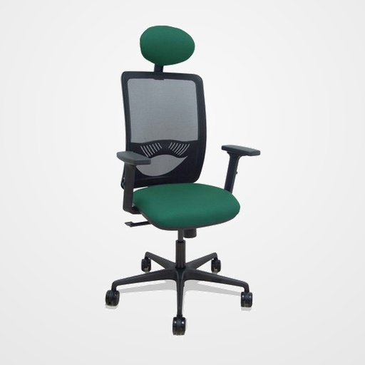 SILLA PIQUERAS Y CRESPO ZULEMA BRAZOS 2D Y APOYO LUMBAR REGULABLES CABECERO FIJO MECANISMO SINCRO RUEDAS NYLON de 65 RESPALDO DE MALLA NEGRA Y ASIENTO TAPIZADO BALI VERDE BOTELLA