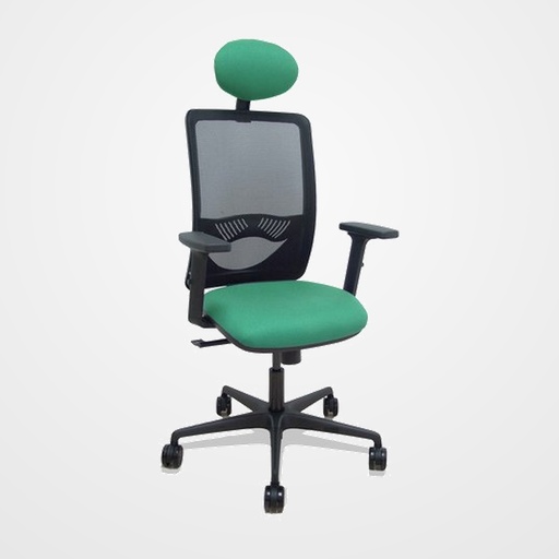 SILLA PIQUERAS Y CRESPO ZULEMA BRAZOS 2D Y APOYO LUMBAR REGULABLES CABECERO FIJO MECANISMO SINCRO RUEDAS NYLON de 65 RESPALDO DE MALLA NEGRA Y ASIENTO TAPIZADO BALI VERDE ESMERALDA