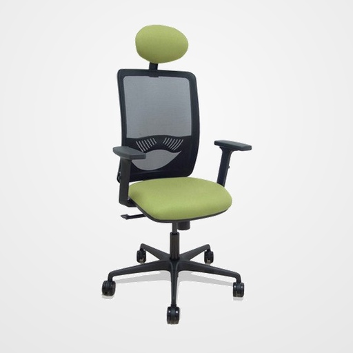 SILLA PIQUERAS Y CRESPO ZULEMA BRAZOS 2D Y APOYO LUMBAR REGULABLES CABECERO FIJO MECANISMO SINCRO RUEDAS NYLON de 65 RESPALDO DE MALLA NEGRA Y ASIENTO TAPIZADO BALI VERDE OLIVA
