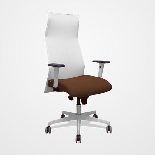 SILLON PIQUERAS Y CRESPO SAHUCO DIRECCION USO INTENSIVO (8H) BRAZOS BLANCOS REGULABLES MECANISMO SINCRO RESPALDO MALLA BLANCA TRANSPIRABLE Y ASIENTO TAPIZADO BALI MARRON OSCURO
