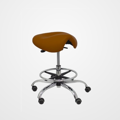 TABURETE PIQUERAS Y CRESPO ALATOZ CLINICO GIRATORIO ERGOMICO MECANISMO BASCULANTE REGULABLE EN ALTURA con ARO REPOSAPIES RUEDAS de NYLON y ASIENTO TAPIZADO SIMILPIEL MARRON