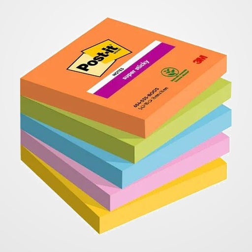 TACO NOTAS POST-IT 654 SUPER STICKY 76x76 COLORES BOOST PACK DE 5