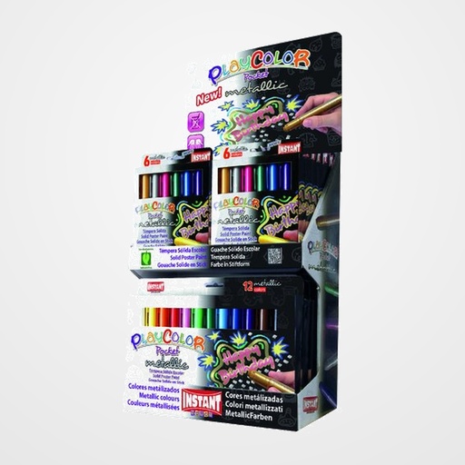 TEMPERA INSTANT SOLIDA PLAYCOLOR METALLIC POCKET 5Gr. EXPOSITOR de 144 (12 ESTUCHES de 6 COLORES y 6 ESTUCHES de 12 COLORES)