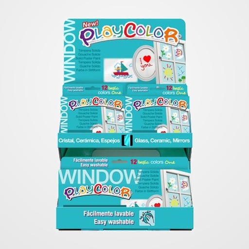 TEMPERA INSTANT SOLIDA PLAYCOLOR ONE WINDOW 10Gr. EXPOSITOR de 144 (12 ESTUCHES de 6 COLORES y 6 ESTUCHES de 12 COLORES)