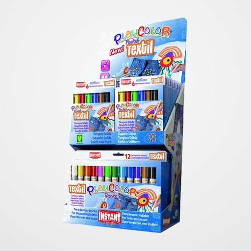 TEMPERA INSTANT SOLIDA PLAYCOLOR TEXTIL POCKET 5Gr. EXPOSITOR de 144 (12 ESTUCHES de 6 COLORES y 6 ESTUCHES de 12 COLORES)