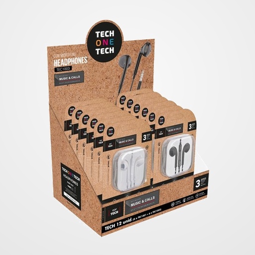 AURICULARES TECH-ONE-TECH EARTECH DE BOTON CON CONECTOR MINI JACK MICROFONO INTEGRADO SURTIDO EXPOSITOR DE 12
