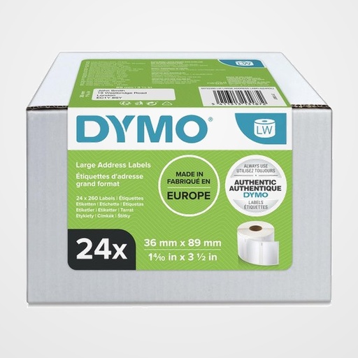 ETIQUETAS DYMO LABEL WRITER  36x89 mm ROLLO 260 uds.PAPEL BLANCO DIRECCION (99012) VALUE PACK 24 ROLLOS