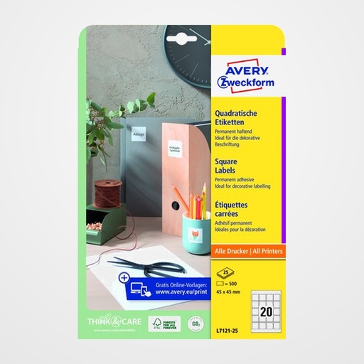 ETIQUETAS ADH.IMPR.AVERY BLANCA PARA CODIGO QR CAJA 25h  45x45 mm 500 uds.(L7121)