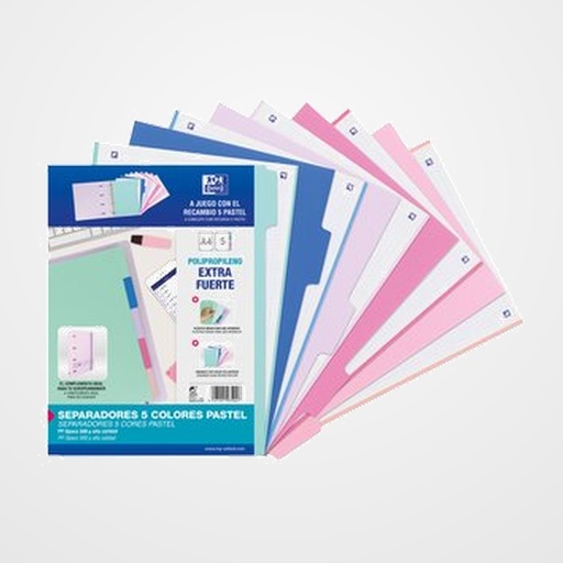 SEPARADORES OXFORD PP A4 5 pestañas 4 taladros (5 colores PASTEL)