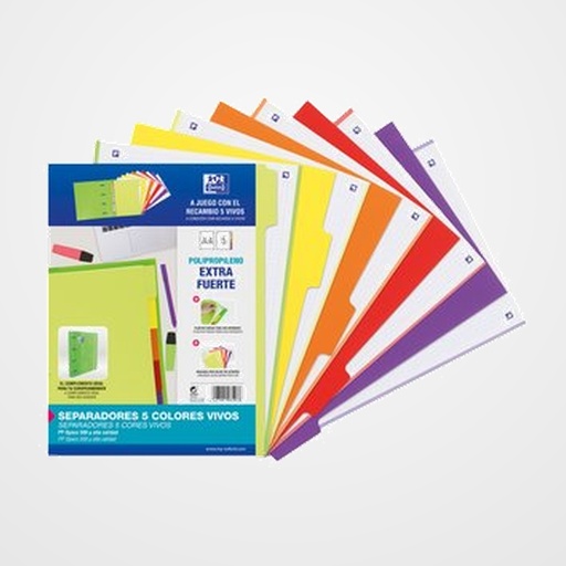 SEPARADORES OXFORD PP A4 5 pestañas 4 taladros (5 colores VIVOS)
