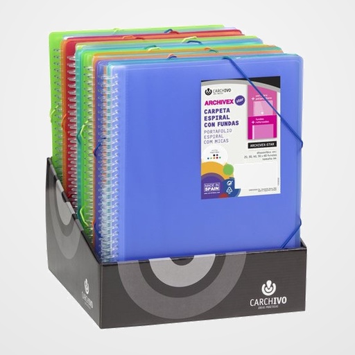 CARPETA FUNDAS (TARIFARIO) CARCHIVO ARCHIVEX-STAR ESPIRAL PP A4 con GOMA EXPOSITOR de 15 4x 20 FUNDAS 5x 30 FUNDAS 3x 40 FUNDAS 2x 50 FUNDAS 1x 60 FUNDAS