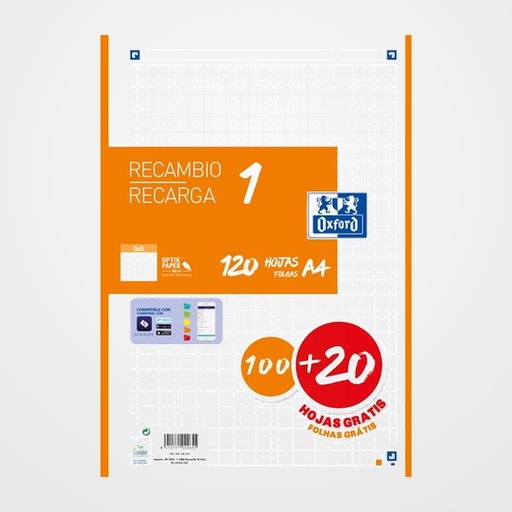 RECAMBIO OXFORD SCHOOL COLOR 1 A4 120h (100+20) 90gr 4 TALADROS CUADRIC.5x5 NARANJA (1 color en banda)