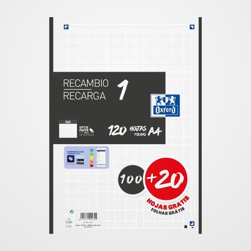 RECAMBIO OXFORD SCHOOL COLOR 1 A4 120h (100+20) 90gr 4 TALADROS CUADRIC.5x5 NEGRO (1 color en banda)